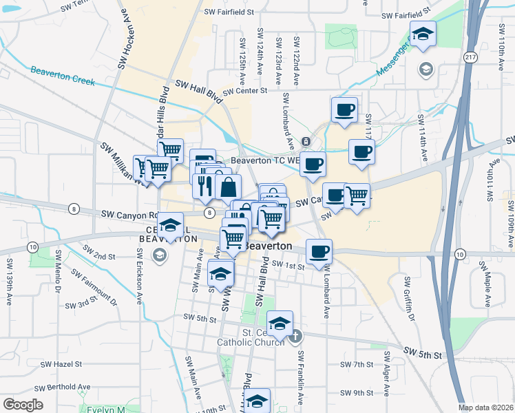 map of restaurants, bars, coffee shops, grocery stores, and more near 12425 Southwest Canyon Road in Beaverton