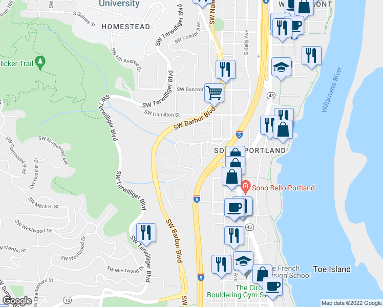 map of restaurants, bars, coffee shops, grocery stores, and more near 4802 SW 2nd Ct in Portland