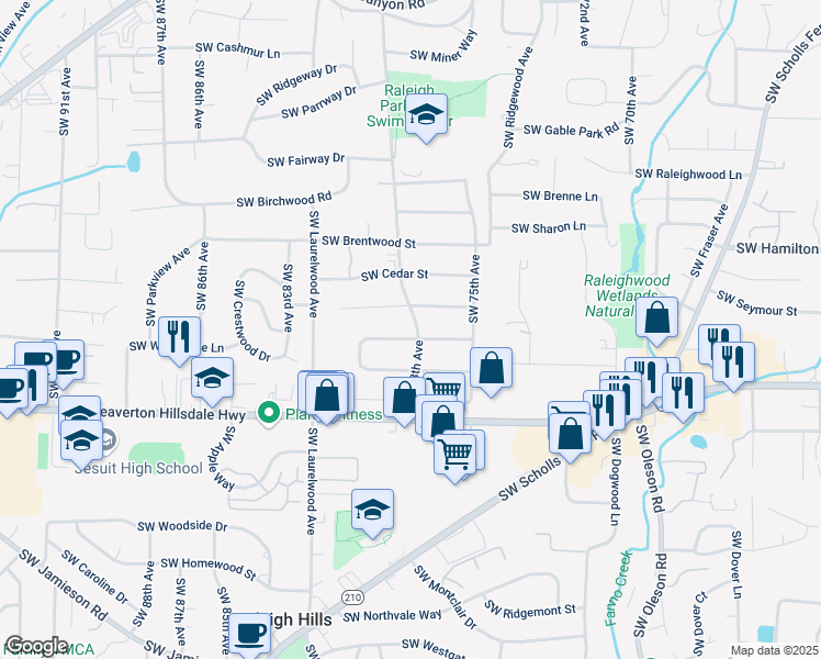 map of restaurants, bars, coffee shops, grocery stores, and more near 4345 Southwest 78th Avenue in Portland