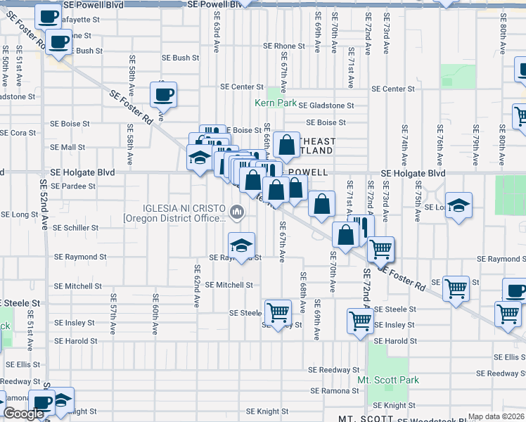 map of restaurants, bars, coffee shops, grocery stores, and more near 4734 Southeast 65th Avenue in Portland