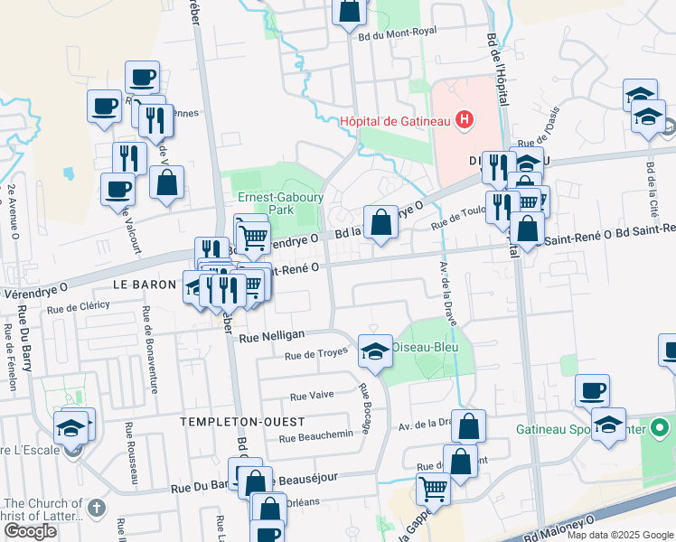 map of restaurants, bars, coffee shops, grocery stores, and more near 1050 Boulevard Saint-René Ouest in Gatineau