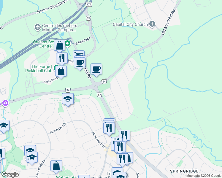 map of restaurants, bars, coffee shops, grocery stores, and more near 257 Antigonish Avenue in Ottawa
