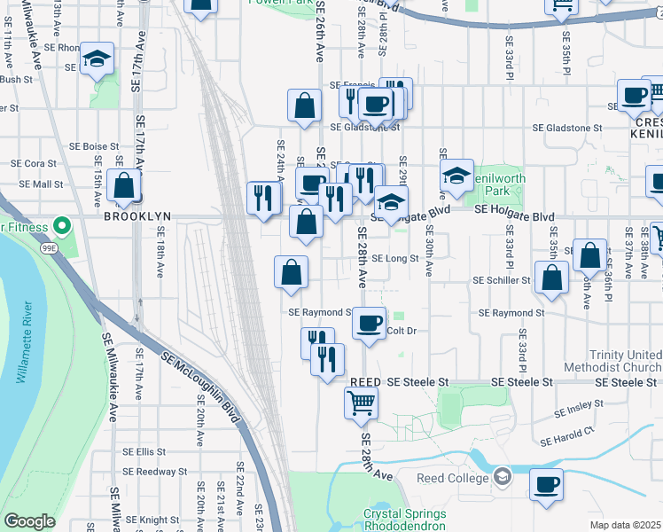 map of restaurants, bars, coffee shops, grocery stores, and more near 2703 Southeast Long Street in Portland