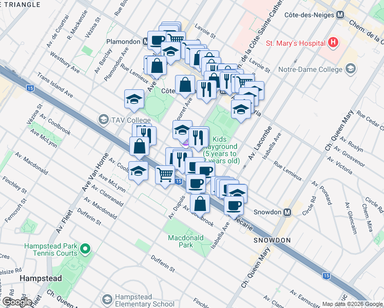 map of restaurants, bars, coffee shops, grocery stores, and more near 5170 Chemin de la Côte-Sainte-Catherine in Montréal