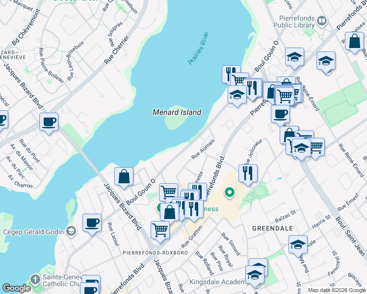 map of restaurants, bars, coffee shops, grocery stores, and more near 14869 Boulevard Gouin Ouest in Montréal