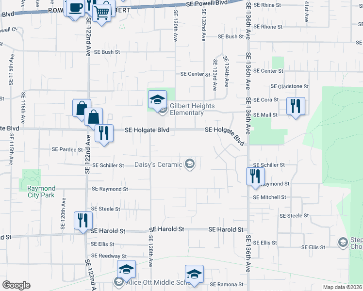 map of restaurants, bars, coffee shops, grocery stores, and more near 13008 Southeast Holgate Boulevard in Portland