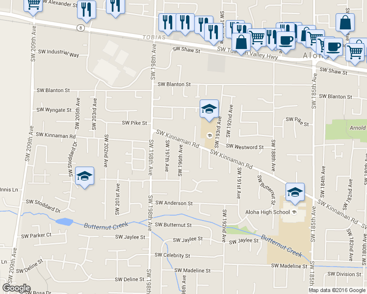map of restaurants, bars, coffee shops, grocery stores, and more near 19580 Southwest Kinnaman Road in Aloha