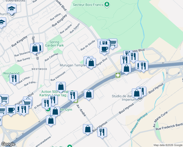 map of restaurants, bars, coffee shops, grocery stores, and more near 1650 Boulevard Saint Régis in Dorval