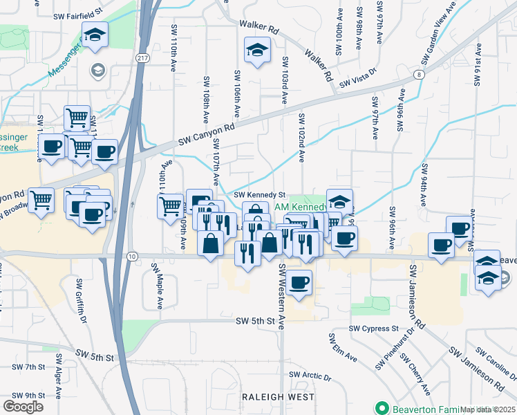 map of restaurants, bars, coffee shops, grocery stores, and more near 10420 Southwest Kennedy Street in Beaverton