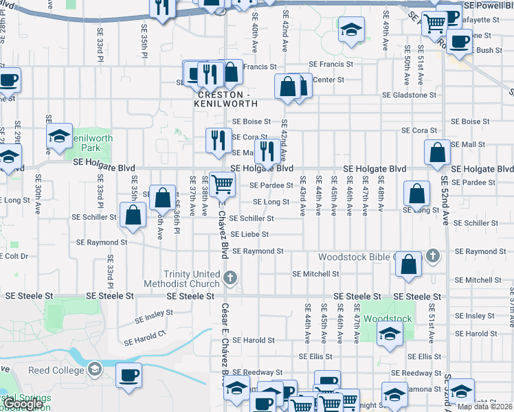 map of restaurants, bars, coffee shops, grocery stores, and more near 4057 Southeast Long Street in Portland