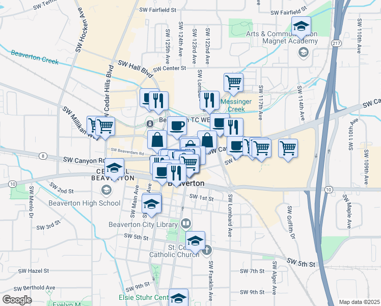 map of restaurants, bars, coffee shops, grocery stores, and more near 12325 Southwest Canyon Road in Beaverton
