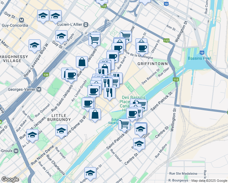 map of restaurants, bars, coffee shops, grocery stores, and more near 1649 Rue William in Montréal