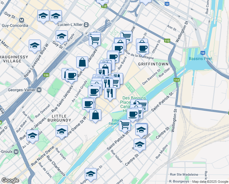 map of restaurants, bars, coffee shops, grocery stores, and more near 1619 Rue William in Montréal