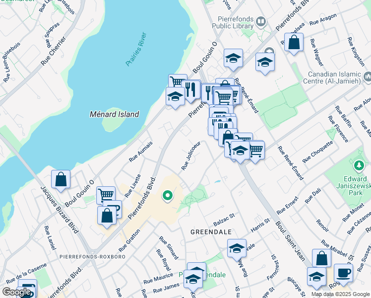 map of restaurants, bars, coffee shops, grocery stores, and more near 14389 Rue Jolicoeur in Montréal