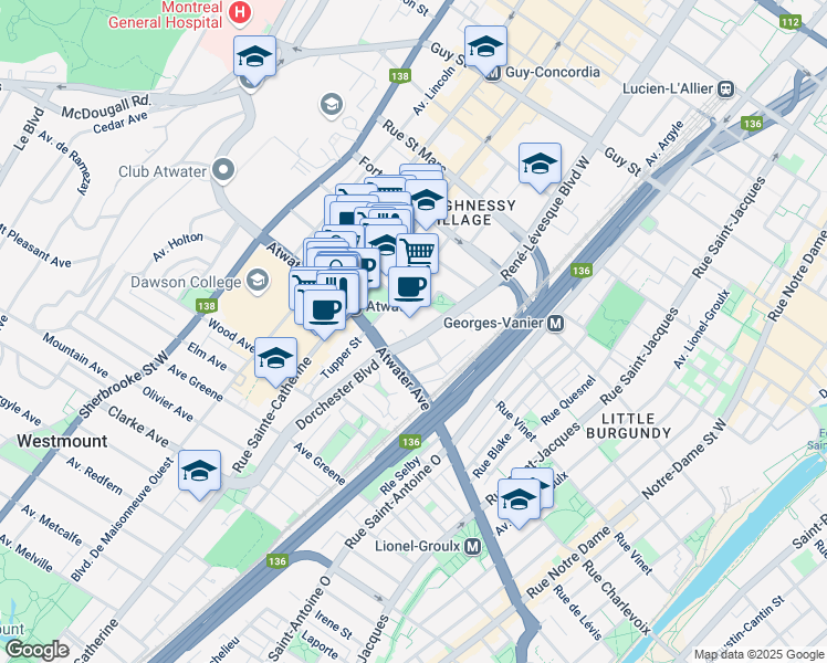 map of restaurants, bars, coffee shops, grocery stores, and more near 2275 Boulevard René-Lévesque Ouest in Montréal