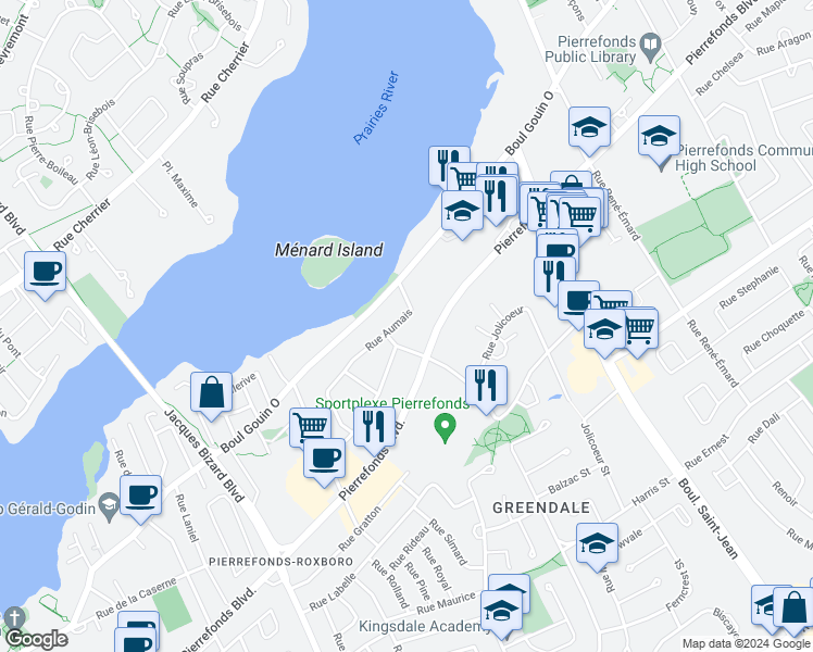 map of restaurants, bars, coffee shops, grocery stores, and more near 14544 Rue Aumais in Montréal