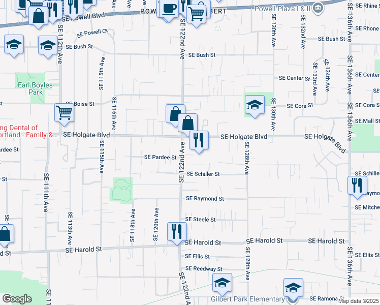 map of restaurants, bars, coffee shops, grocery stores, and more near 12314 Southeast Holgate Boulevard in Portland