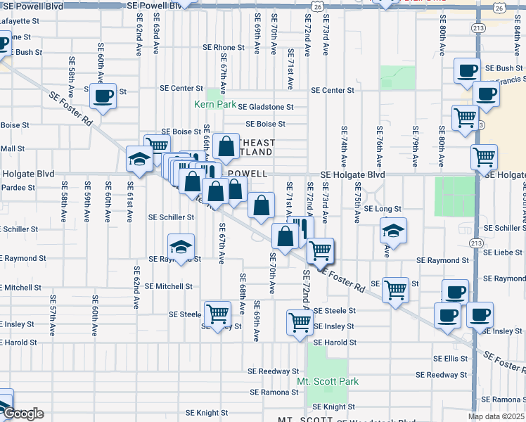 map of restaurants, bars, coffee shops, grocery stores, and more near 6927 Southeast Long Street in Portland