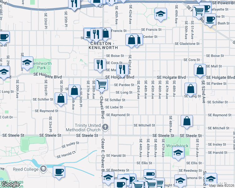 map of restaurants, bars, coffee shops, grocery stores, and more near 4057 Southeast Long Street in Portland