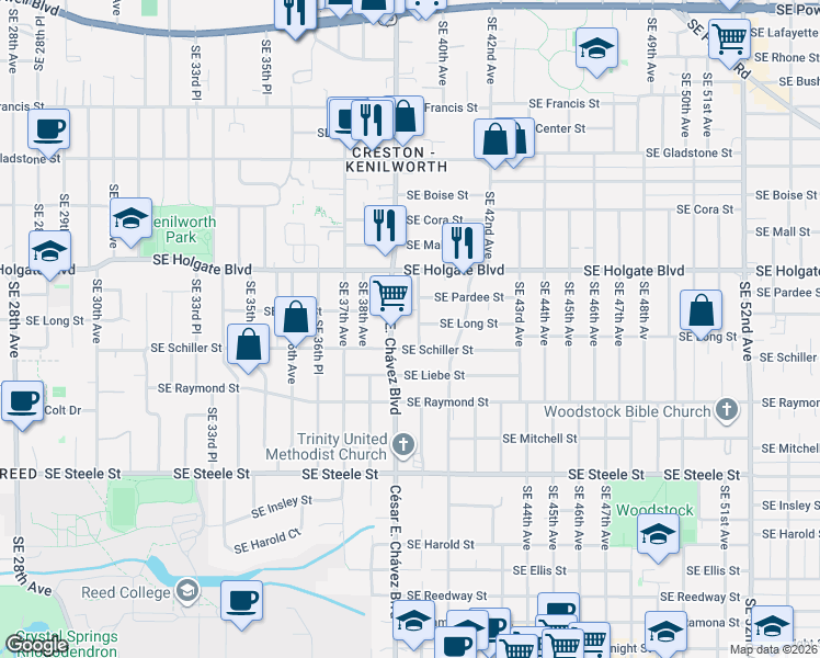 map of restaurants, bars, coffee shops, grocery stores, and more near 4703 Southeast 40th Avenue in Portland