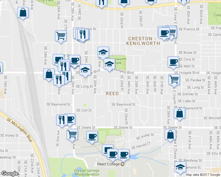 map of restaurants, bars, coffee shops, grocery stores, and more near 4627 Southeast 32nd Avenue in Portland