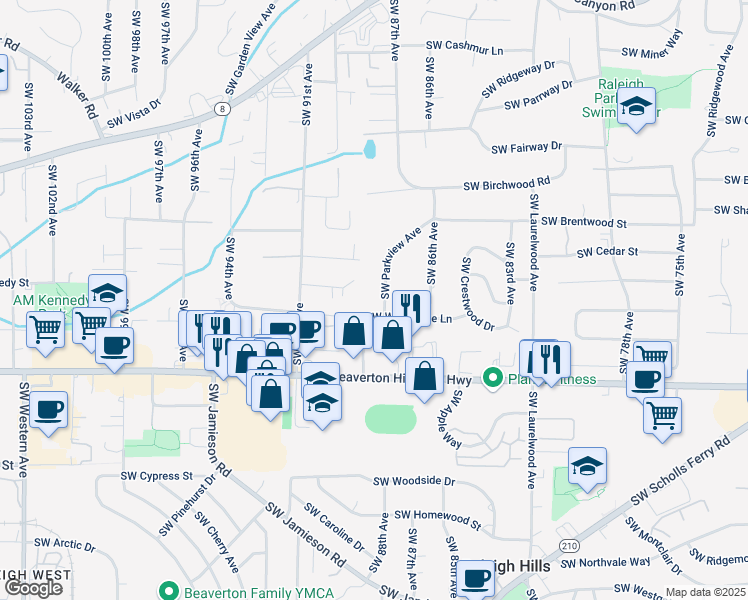 map of restaurants, bars, coffee shops, grocery stores, and more near 4345 Southwest Parkview Avenue in Portland
