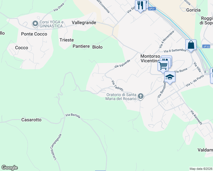map of restaurants, bars, coffee shops, grocery stores, and more near 3 Via San Nicolò in Montorso Vicentino
