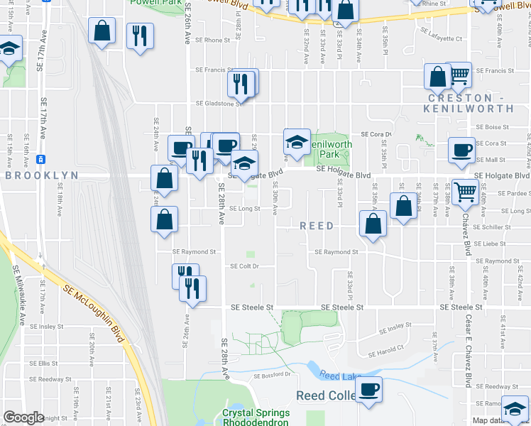 map of restaurants, bars, coffee shops, grocery stores, and more near 2914 Southeast Long Street in Portland