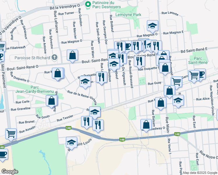map of restaurants, bars, coffee shops, grocery stores, and more near 327 Rue Mondoux in Gatineau