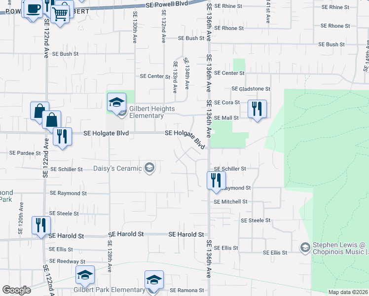 map of restaurants, bars, coffee shops, grocery stores, and more near 4568 Southeast 134th Drive in Portland