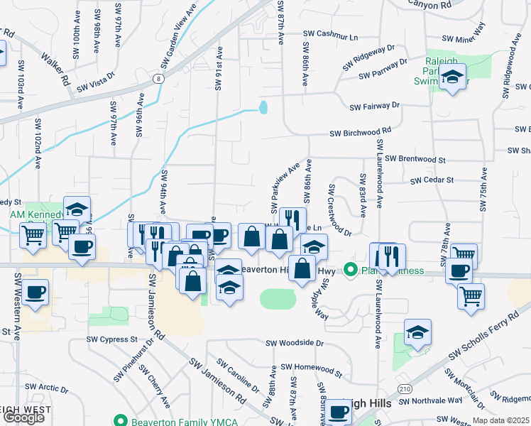 map of restaurants, bars, coffee shops, grocery stores, and more near 4345 Southwest Parkview Avenue in Portland