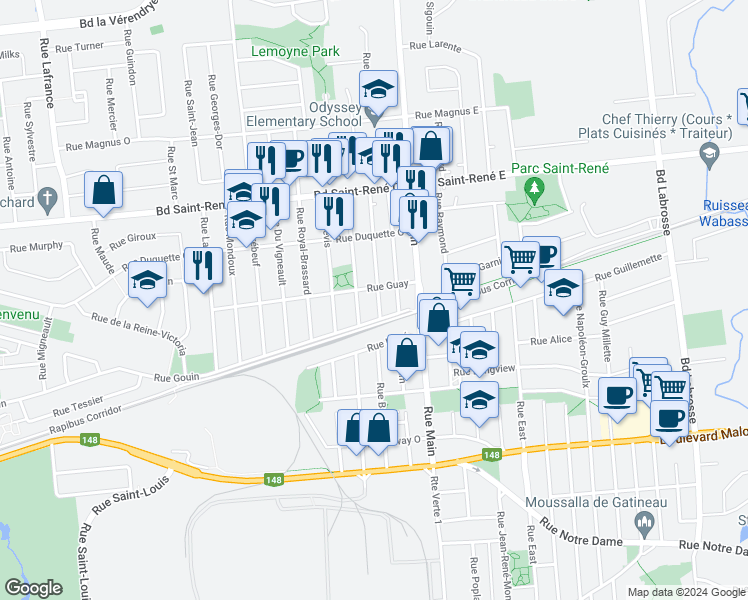 map of restaurants, bars, coffee shops, grocery stores, and more near 313 Rue Gauthier in Gatineau