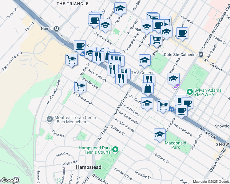 map of restaurants, bars, coffee shops, grocery stores, and more near 5375 Place Newman in Montréal