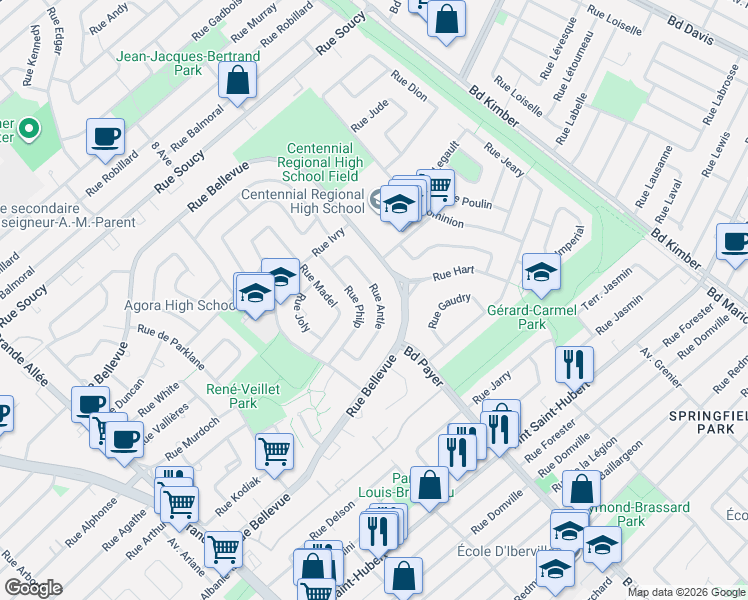 map of restaurants, bars, coffee shops, grocery stores, and more near 774 Rue Antle in Longueuil
