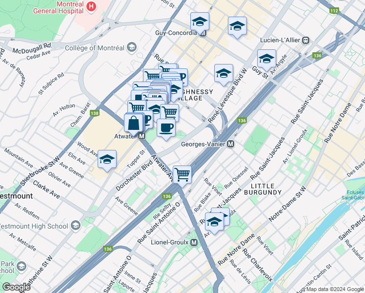 map of restaurants, bars, coffee shops, grocery stores, and more near 2198 Boulevard René-Lévesque Ouest in Montréal