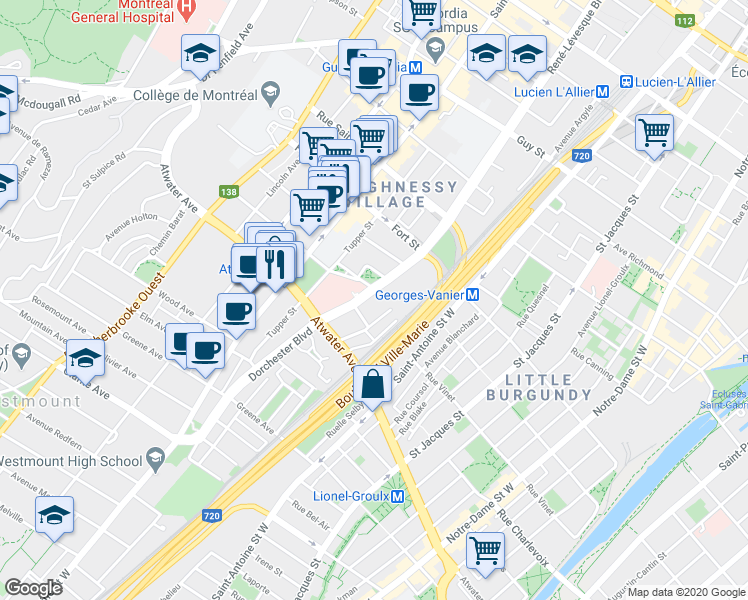 map of restaurants, bars, coffee shops, grocery stores, and more near 2198 Boulevard René-Lévesque Ouest in Montréal