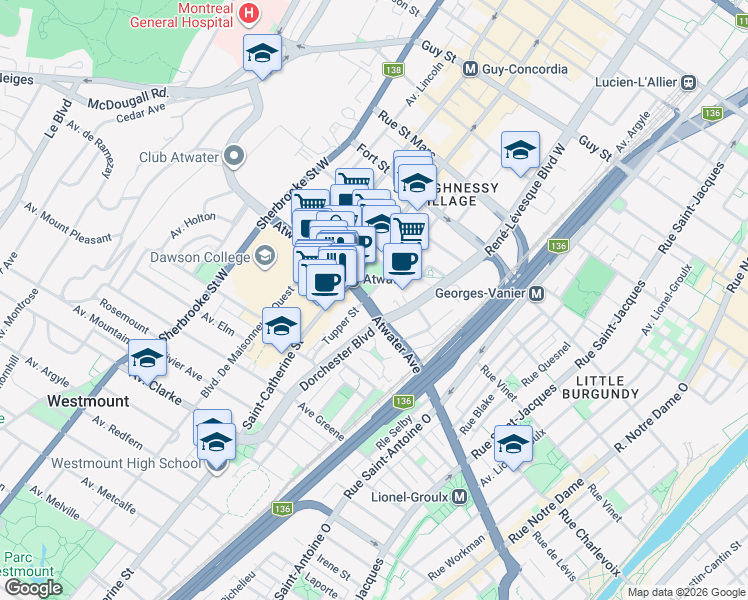 map of restaurants, bars, coffee shops, grocery stores, and more near 1111 Avenue Atwater in Westmount