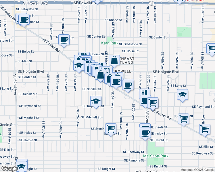 map of restaurants, bars, coffee shops, grocery stores, and more near 6535 Southeast Foster Road in Portland
