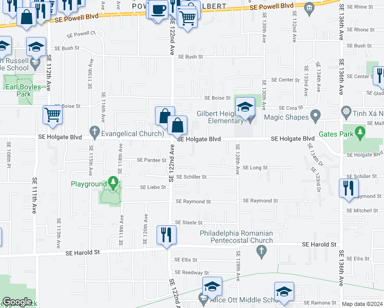 map of restaurants, bars, coffee shops, grocery stores, and more near 12346 Southeast Holgate Boulevard in Portland