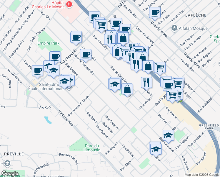 map of restaurants, bars, coffee shops, grocery stores, and more near 454 Rue de Springfield in Longueuil