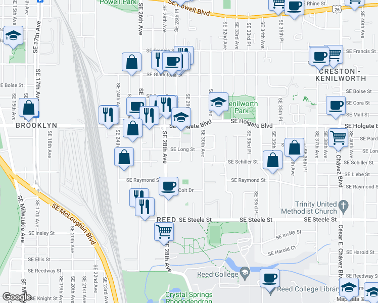 map of restaurants, bars, coffee shops, grocery stores, and more near 4705 Southeast 29th Avenue in Portland