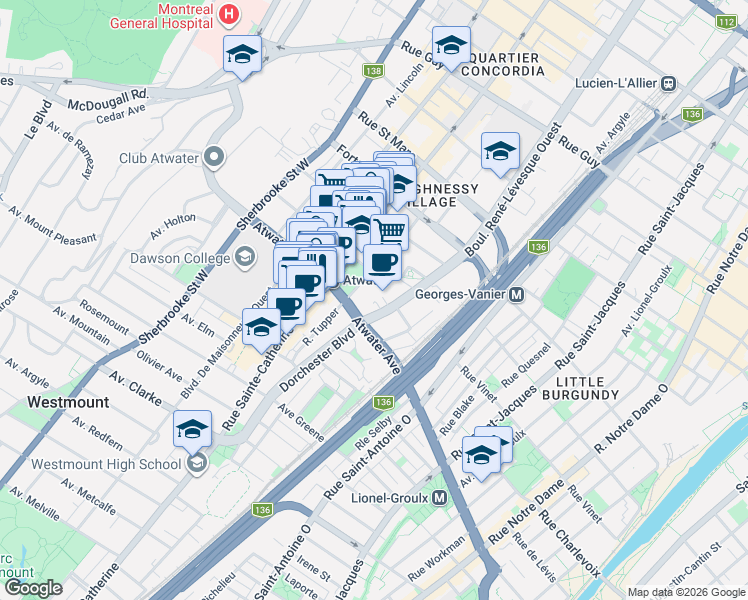 map of restaurants, bars, coffee shops, grocery stores, and more near 2320 Rue Tupper in Montrã©Al
