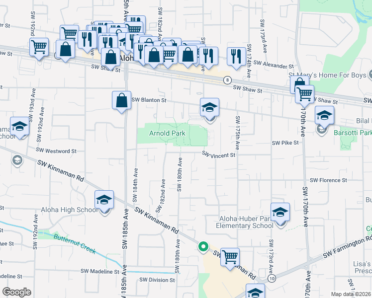 map of restaurants, bars, coffee shops, grocery stores, and more near 17945 Southwest Vincent Street in Aloha