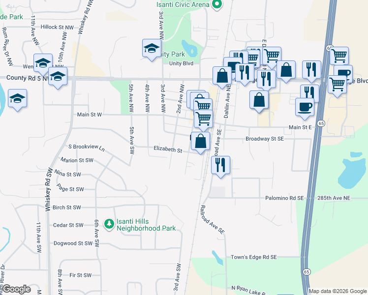 map of restaurants, bars, coffee shops, grocery stores, and more near 106 Elizabeth Street in Isanti