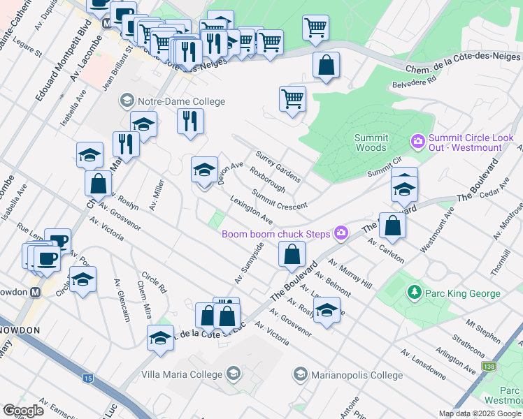 map of restaurants, bars, coffee shops, grocery stores, and more near 765 Avenue Lexington in Westmount