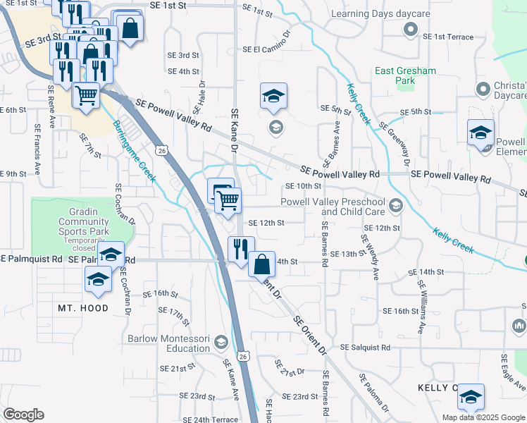 map of restaurants, bars, coffee shops, grocery stores, and more near 3414 Southeast 11th Street in Gresham