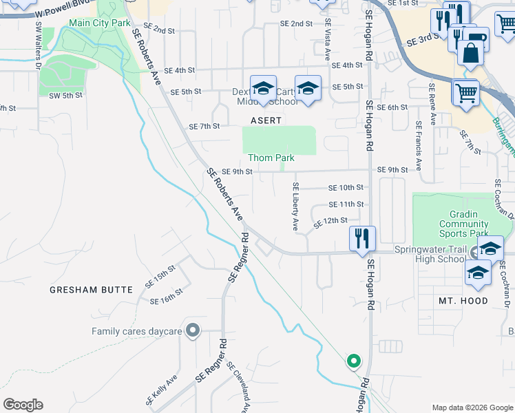 map of restaurants, bars, coffee shops, grocery stores, and more near 1070 Southeast Spruce Court in Gresham