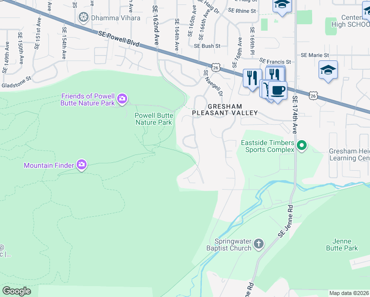 map of restaurants, bars, coffee shops, grocery stores, and more near 16438 Southeast High Meadow Loop in Portland