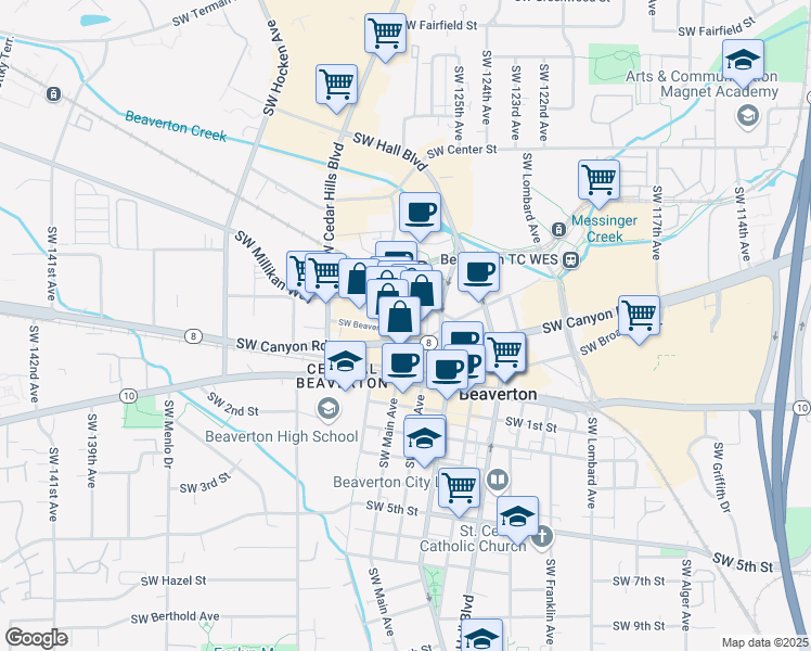 map of restaurants, bars, coffee shops, grocery stores, and more near 4250 Southwest Rose Biggi Avenue in Beaverton