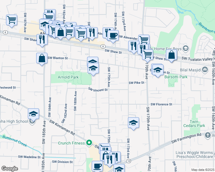 map of restaurants, bars, coffee shops, grocery stores, and more near 17494 Southwest Max Court in Beaverton